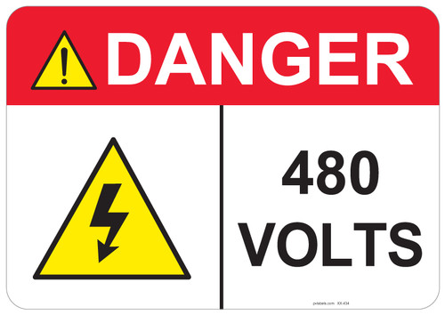 55-434 OSHA DANGER Sign: Danger 480 Volts -. Available in vinyl label, aluminum sign, and reflective options. OSHA compliant safety signage.