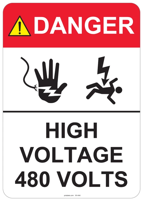 55-444 OSHA DANGER Sign: Danger High Voltage -. Available in vinyl label, aluminum sign, and reflective options. OSHA compliant safety signage.