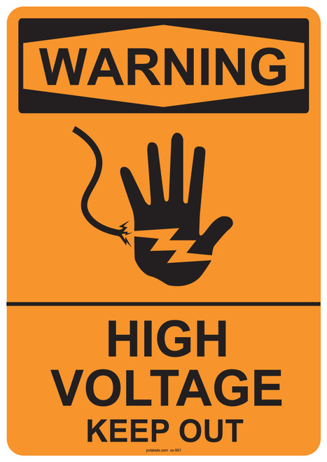 53-501 OSHA WARNING Sign: Warning High Voltage Keep Out. Available in vinyl label, aluminum sign, and reflective options. OSHA compliant safety signage.