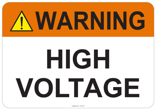 55-707 OSHA WARNING Sign: Warning High Voltage. Available in vinyl label, aluminum sign, and reflective options. OSHA compliant safety signage.