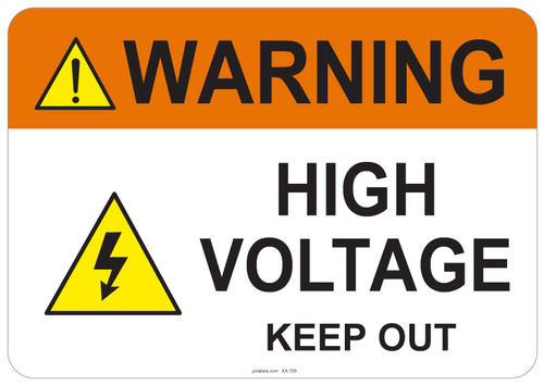 55-709 OSHA WARNING Sign: Warning High Voltage. Available in vinyl label, aluminum sign, and reflective options. OSHA compliant safety signage.