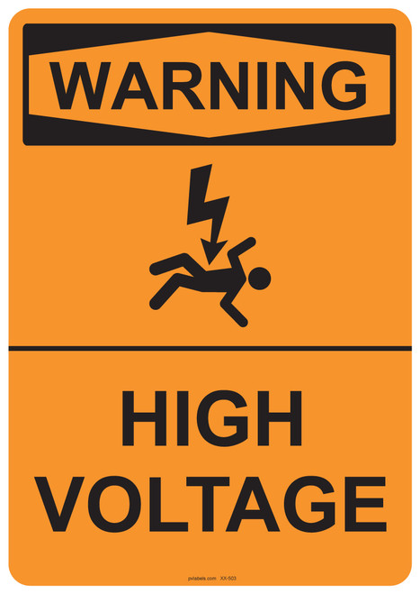 55-503 OSHA WARNING Sign: Warning High Voltage. Available in vinyl label, aluminum sign, and reflective options. OSHA compliant safety signage.