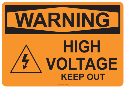 55-509 OSHA WARNING Sign: Warning High Voltage. Available in vinyl label, aluminum sign, and reflective options. OSHA compliant safety signage.