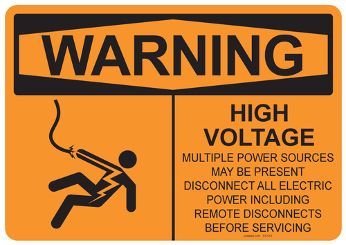 55-518 OSHA WARNING Sign: Warning High Voltage. Available in vinyl label, aluminum sign, and reflective options. OSHA compliant safety signage.