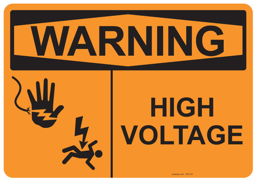 55-519 OSHA WARNING Sign: Warning High Voltage. Available in vinyl label, aluminum sign, and reflective options. OSHA compliant safety signage.
