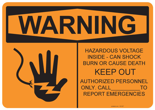 53-527 OSHA WARNING Sign: Warning Hazardous Voltage Inside. Available in vinyl label, aluminum sign, and reflective options. OSHA compliant safety signage.