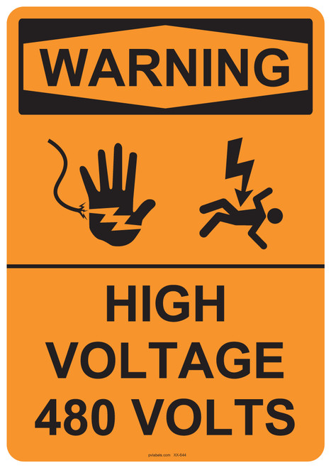 53-644 OSHA WARNING Sign: Warning High Voltage 480 Volts. Available in vinyl label, aluminum sign, and reflective options. OSHA compliant safety signage.