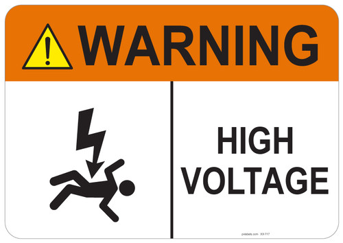 55-717 OSHA WARNING Sign: Warning High Voltage. Available in vinyl label, aluminum sign, and reflective options. OSHA compliant safety signage.