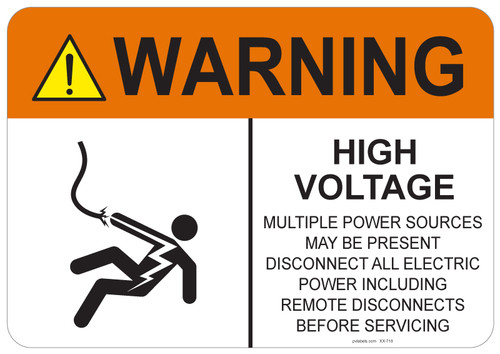 55-718 OSHA WARNING Sign: Warning High Voltage. Available in vinyl label, aluminum sign, and reflective options. OSHA compliant safety signage.
