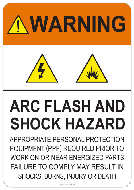 55-721 OSHA WARNING Sign: Warning Arc Flash and Shock Hazard. Available in vinyl label, aluminum sign, and reflective options. OSHA compliant safety signage.
