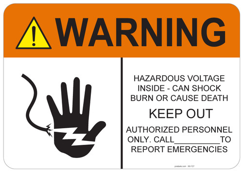 55-727 OSHA WARNING Sign: Warning Hazardous Voltage Inside. Available in vinyl label, aluminum sign, and reflective options. OSHA compliant safety signage.