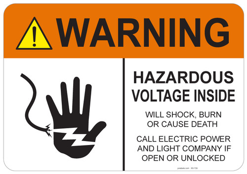 55-728 OSHA WARNING Sign: Warning Hazardous Voltage Inside. Available in vinyl label, aluminum sign, and reflective options. OSHA compliant safety signage.