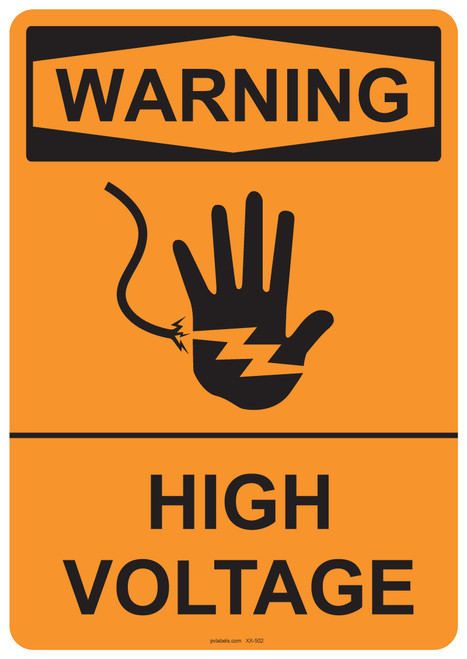 55-502 OSHA WARNING Sign: Warning High Voltage. Available in vinyl label, aluminum sign, and reflective options. OSHA compliant safety signage.
