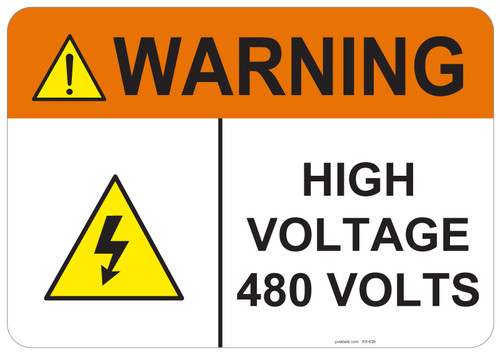 55-839 OSHA WARNING Sign: Warning High Voltage. Available in vinyl label, aluminum sign, and reflective options. OSHA compliant safety signage.