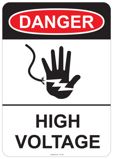 55-102 OSHA DANGER Sign: Danger (hand symbol) High Voltage. Available in vinyl label, aluminum sign, and reflective options. OSHA compliant safety signage.