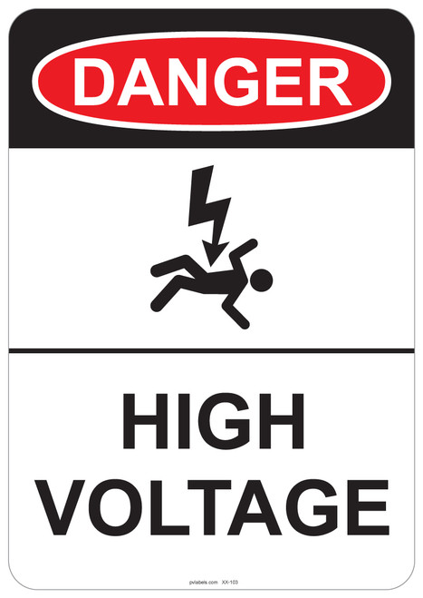 53-103 OSHA DANGER Sign: Danger (shocked man) High Voltage. Available in vinyl label, aluminum sign, and reflective options. OSHA compliant safety signage.