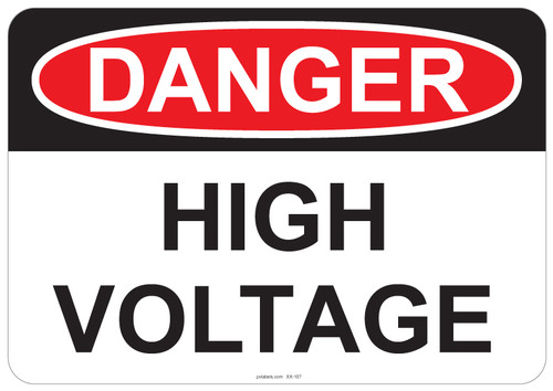 53-107 OSHA DANGER Sign: Danger High Voltage. Available in vinyl label, aluminum sign, and reflective options. OSHA compliant safety signage.