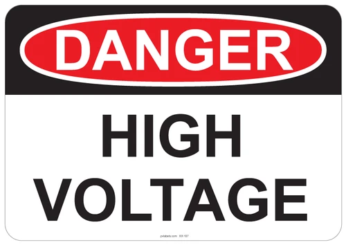 55-107 OSHA DANGER Sign: Danger High Voltage. Available in vinyl label, aluminum sign, and reflective options. OSHA compliant safety signage.