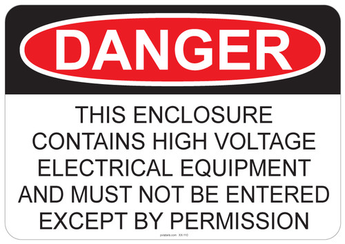 55-110 OSHA DANGER Sign: Danger High Voltage. Available in vinyl label, aluminum sign, and reflective options. OSHA compliant safety signage.