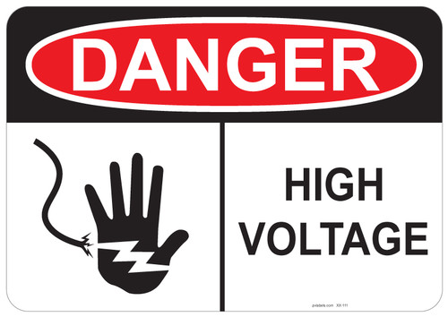53-111 OSHA DANGER Sign: Danger High Voltage. Available in vinyl label, aluminum sign, and reflective options. OSHA compliant safety signage.
