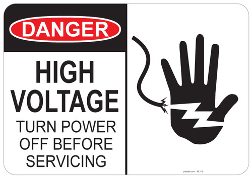 53-116 OSHA DANGER Sign: Danger High Voltage, Turn Power off before Servicing, Shocked Hand. Available in vinyl label, aluminum sign, and reflective options. OSHA compliant safety signage.