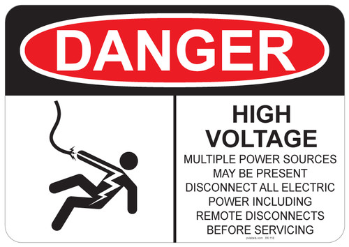 55-118 OSHA DANGER Sign: Danger Shocked Man, High Voltage. Available in vinyl label, aluminum sign, and reflective options. OSHA compliant safety signage.
