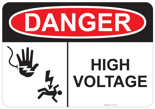 53-119 OSHA DANGER Sign: Danger Shocked Hand, Shocked Man, High Voltage. Available in vinyl label, aluminum sign, and reflective options. OSHA compliant safety signage.