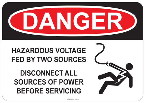 55-126 OSHA DANGER Sign: Danger Hazardous Voltage, Fed by two sources.... Available in vinyl label, aluminum sign, and reflective options. OSHA compliant safety signage.