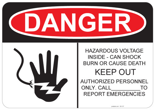 55-127 OSHA DANGER Sign: Danger Hazardous Voltage, Fed by two sources.... Available in vinyl label, aluminum sign, and reflective options. OSHA compliant safety signage.