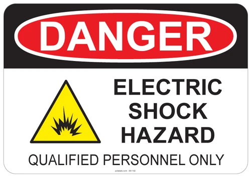 55-142 OSHA DANGER Sign: Danger Electric Shock Hazard - Qualified Personnel Only. Available in vinyl label, aluminum sign, and reflective options. OSHA compliant safety signage.