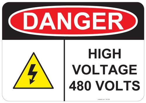 53-239 OSHA DANGER Sign: Danger High Voltage -. Available in vinyl label, aluminum sign, and reflective options. OSHA compliant safety signage.
