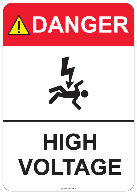 55-303 OSHA DANGER Sign: Danger High Voltage. Available in vinyl label, aluminum sign, and reflective options. OSHA compliant safety signage.
