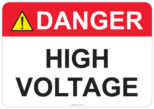 53-307 OSHA DANGER Sign: Danger High Voltage -. Available in vinyl label, aluminum sign, and reflective options. OSHA compliant safety signage.