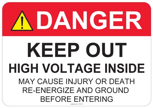 55-312 OSHA DANGER Sign: Danger Keep Out, High Voltage Inside -. Available in vinyl label, aluminum sign, and reflective options. OSHA compliant safety signage.