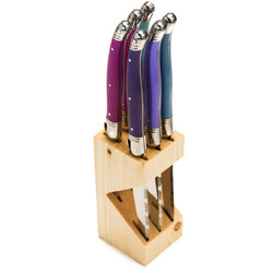 Jean Dubost 6 Steak Knives with Provence Purple Handles in a Wood Block