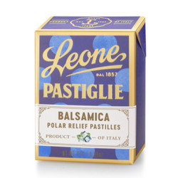 The image displays a box of "Leone Pastiglie," specifically the Balsamica, or balsamic, variety described as "Polar Relief Pastilles." The box has a regal purple color scheme with a darker purple top and a lighter purple as the primary background. The name "Leone" is prominently shown in a yellow-gold hue at the top with the established year "dal 1857," which speaks to the brand's historic roots. "Pastiglie" is scripted across the middle of the box in white, creating a striking contrast against the purple background.