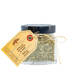 Beef stew spice blend from The French Farm collection in a square glass jar with a black lid, featuring a mix of thyme, marjoram, wild thyme, bay leaf, parsley, and coriander, on a clean white background.