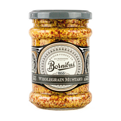 the image shows a glass jar filled with whole grain mustard. The jar has a black lid and a label wrapped around its center. The label is ornate with intricate black and white designs, giving it a classic and sophisticated appearance. The brand name "Bornibus" is prominently featured in the middle of the label in a decorative font, with the founding year "1855" just below it. Above the brand name, the text reads "MAISON FONDÉE PAR ALEXANDRE," suggesting a long-established house founded by someone named Alexandre. The bottom of the label states "WHOLEGRAIN MUSTARD" and "8.40oz (240g)," indicating the contents and weight of the product. The mustard itself is visible through the glass, showing a mix of yellow and brown mustard seeds. The overall appearance suggests a product with a rich history and a promise of quality.