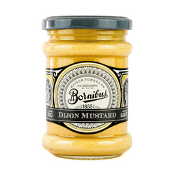 The image displays a glass jar of Bornibus Dijon Mustard. The jar has a black lid and features a label with an intricate black and white design that exudes a classic and elegant feel. The Bornibus name is prominently displayed in the center of the label in a stylized font, accompanied by the year "1855," indicating the brand's long-standing heritage. Below the brand name, the product is clearly identified as "Dijon Mustard," and the weight is noted as "8.80 oz (250g)." The mustard itself has a creamy, smooth texture with a consistent pale yellow coloring, characteristic of traditional Dijon mustard. The overall design of the product suggests a blend of tradition and quality.