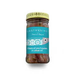 Discover the rich, savory flavor of Castrovinci Anchovy Fillets in Olive Oil—premium Italian anchovies, carefully packed in a striking glass jar, perfect for gourmet recipes or elevating everyday meals.