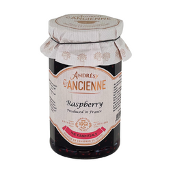 Andresy Raspberry Jam with seeds in glass jar.