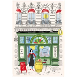 French cotton tea towel by Torchons & Bouchons featuring an illustrated Parisian wine shop storefront with wine bottles and classic architectural details on an ecru background.