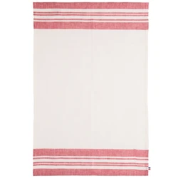 Elegant striped linen tea towel featuring warm brick red accents on natural linen in a classic French kitchen style.