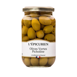 Green olives "picholine" in clear glass jar with gold lid.