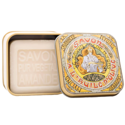 L'Art Nouveau Mucha almond-scented French soap in a decorative reusable metal tin by La Savonnerie de Nyons, enriched with organic shea butter and Nyons olive oil, made in Provence.