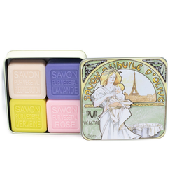 Vintage Art Nouveau Mucha-style metal tin containing four French artisan soaps scented with lavender, verbena, rose, and cotton flower, enriched with shea butter and olive oil.