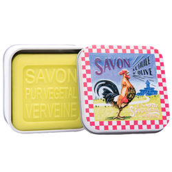 Vintage metal tin illustrated with a rooster containing French artisan verbena soap enriched with shea butter and olive oil, made in Provence, France.