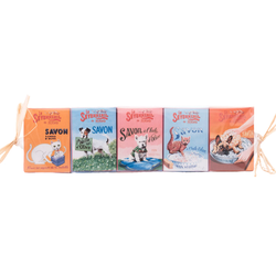 Set of five French artisan guest soaps (25g) individually wrapped in decorative Papillote packaging, enriched with shea butter and olive oil, made in Provence, France.