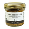 The image shows a glass jar with a golden lid, labeled "TARTITRUFFE" in bold letters. This product is a food preparation based on summer truffle with white truffle flavor. The brand is Maison Pébeyre, a company established since 1897, as indicated by the text on the label. The label has a black and white color scheme, featuring an image of a dog, which is often associated with truffle hunting. The jar appears to contain a finely textured spread with visible bits of truffle, and the overall design suggests a gourmet product.