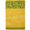 French jacquard cotton tea towel by Coucke featuring a detailed tarte au citron (lemon tart) illustration with bright citrus elements and warm golden tones.